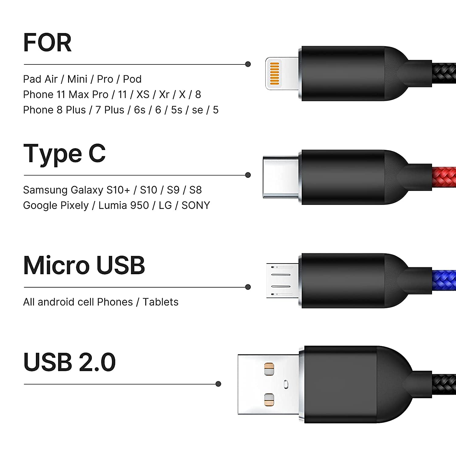 Multi Charging Cable Multi Charger Cord Nylon Braided Multi 3 in