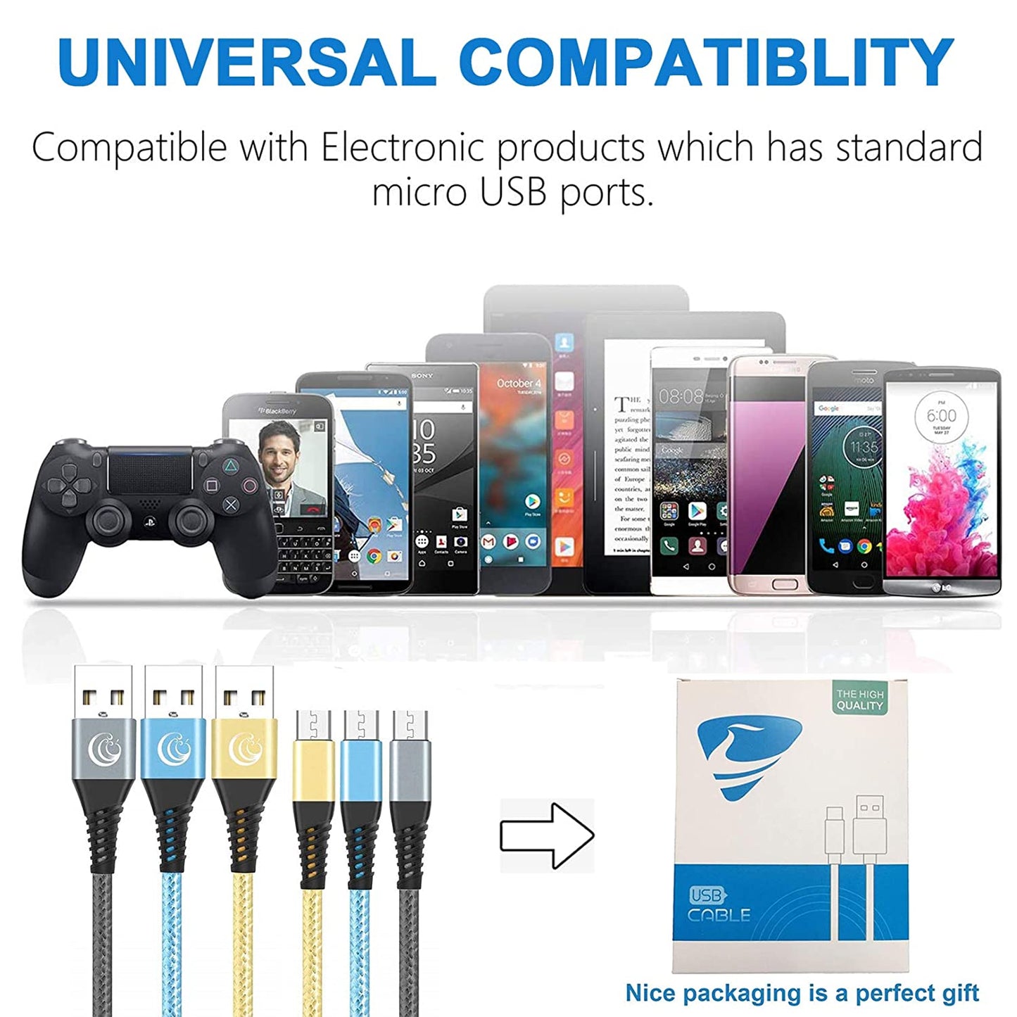 Yosou Micro USB Cable 2M 3Pack Android Charger Cable Fast Charging Cable Nylon Micro USB Charger Lead Compatible with Samsung Galaxy S6 edge S7 S5 J7 J5 J3, PS4, Xbox, Huawei Honor 7X, Y6/Y7 2022